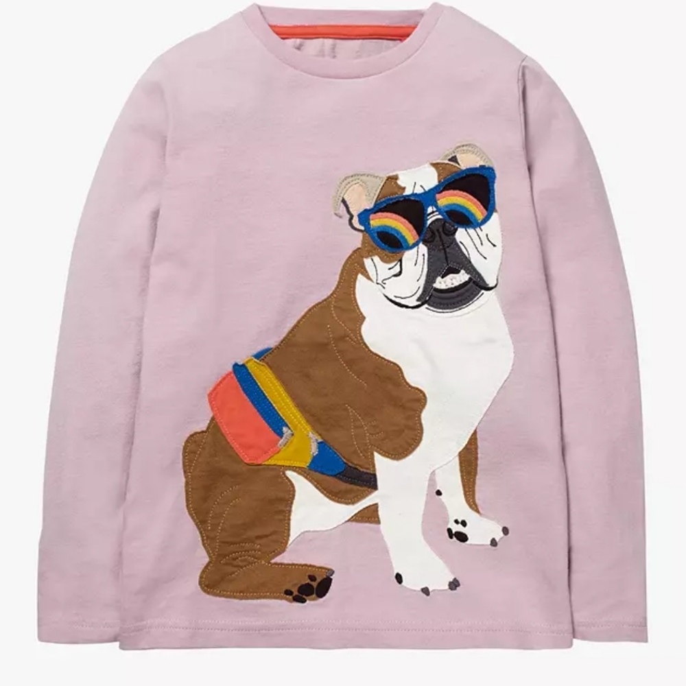 Mini Boden bulldog applique long sleeve top 8-9 y